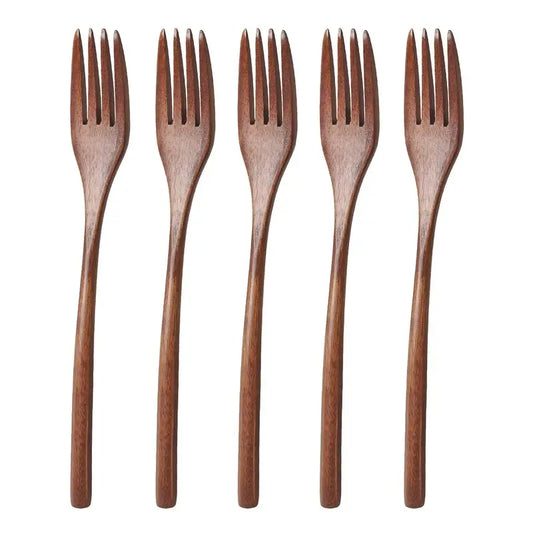 Lot de 5 fourchettes en bois réutilisable sur fond blanc