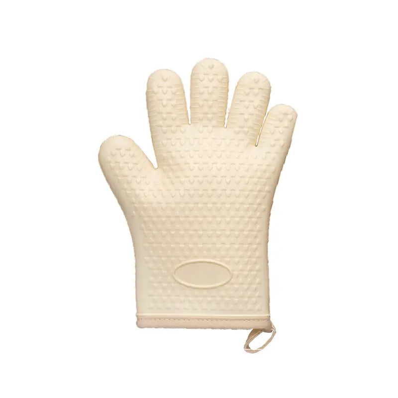 Gant de cuisine court en silicone beige, doté d'une surface texturée en relief et d'une boucle en tissu pour l'accrochage.