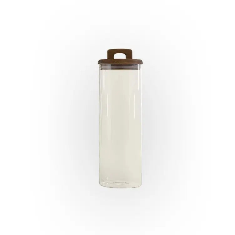 Un grand contenant de rangement transparent avec couvercle en bois et poignée