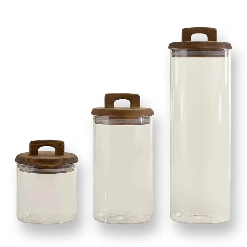 Lot de trois contenants de rangement transparents avec couvercles en bois