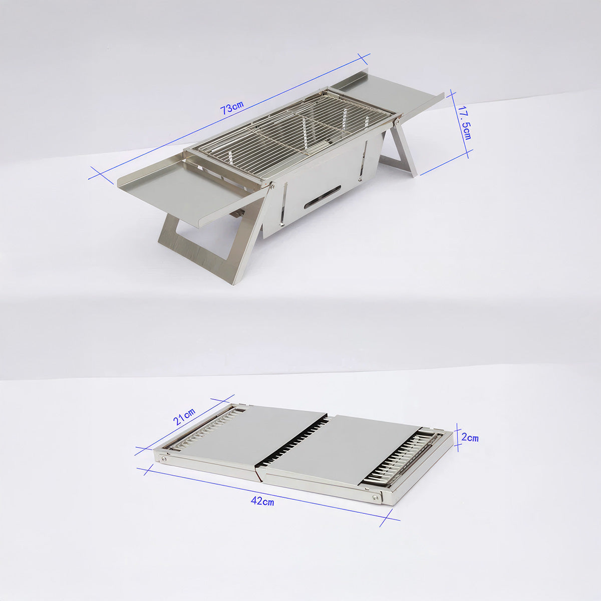 Dimensions du mini barbecue pliable inox : 73 cm déplié, 42 cm replié