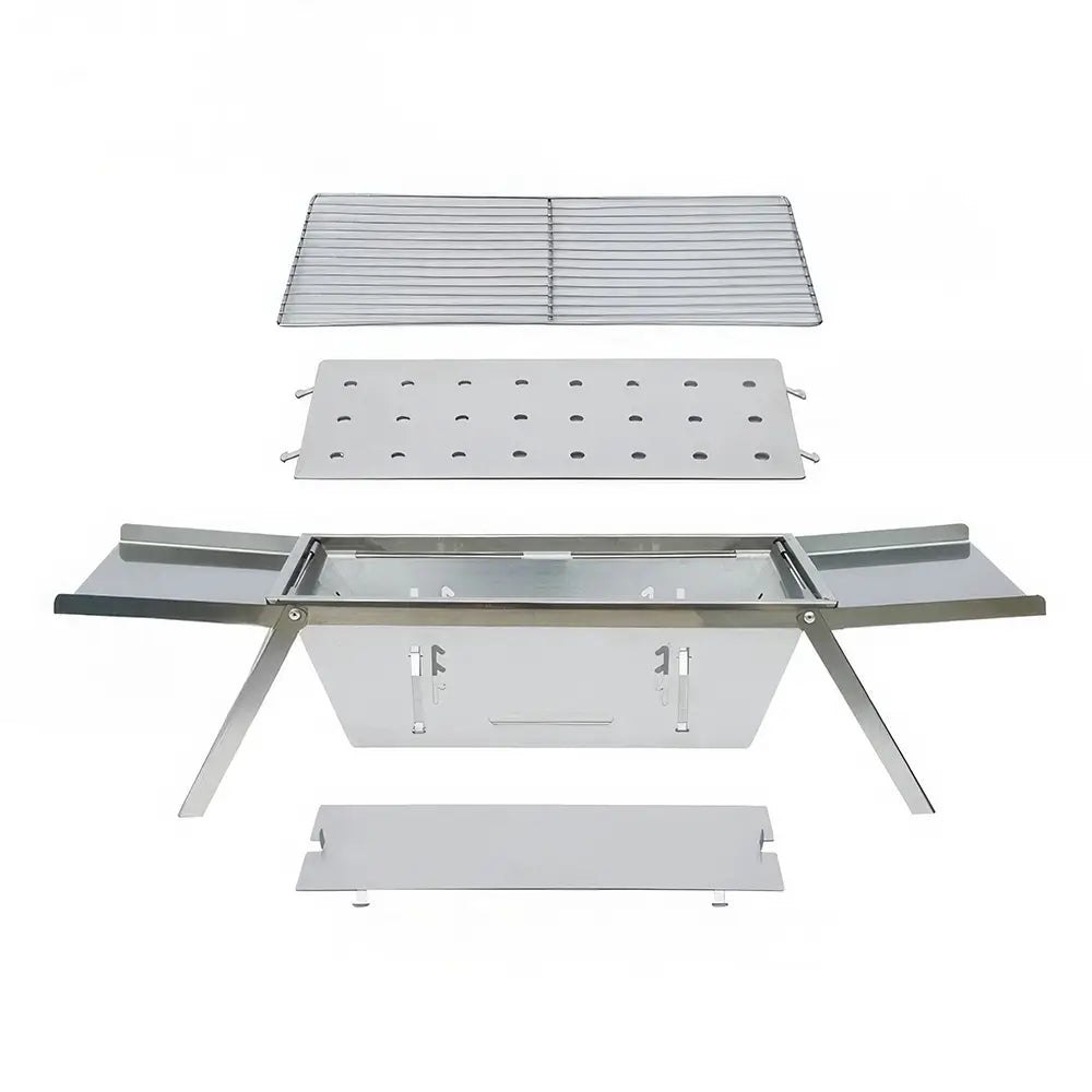 Composants du mini barbecue nomade inox : grille, plaque charbon et corps en acier inoxydable