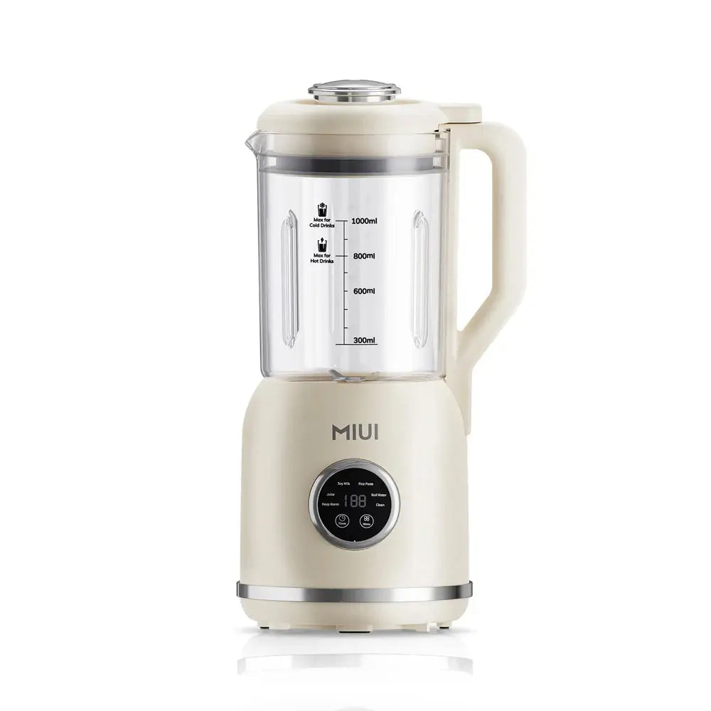 Un blender MIUI de couleur crème avec un récipient transparent gradué et un écran numérique à commandes tactiles.