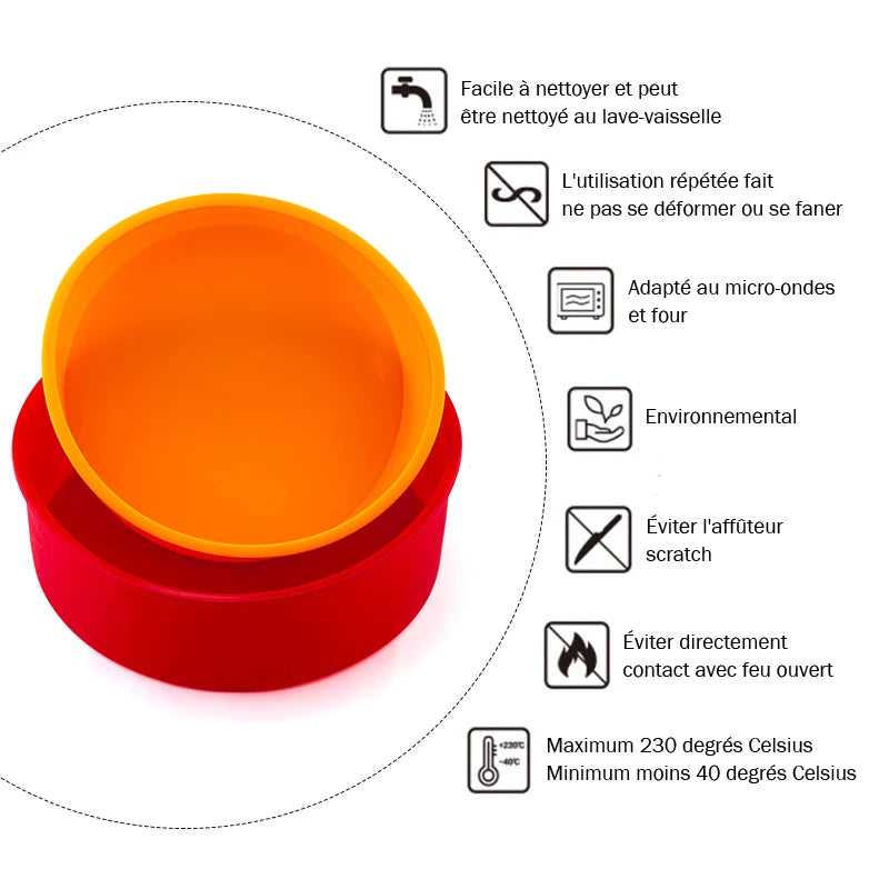 Un moule a patisserie en silicone rouge et orange avec des caracteristiques et instructions d'utilisation affichees autour.
