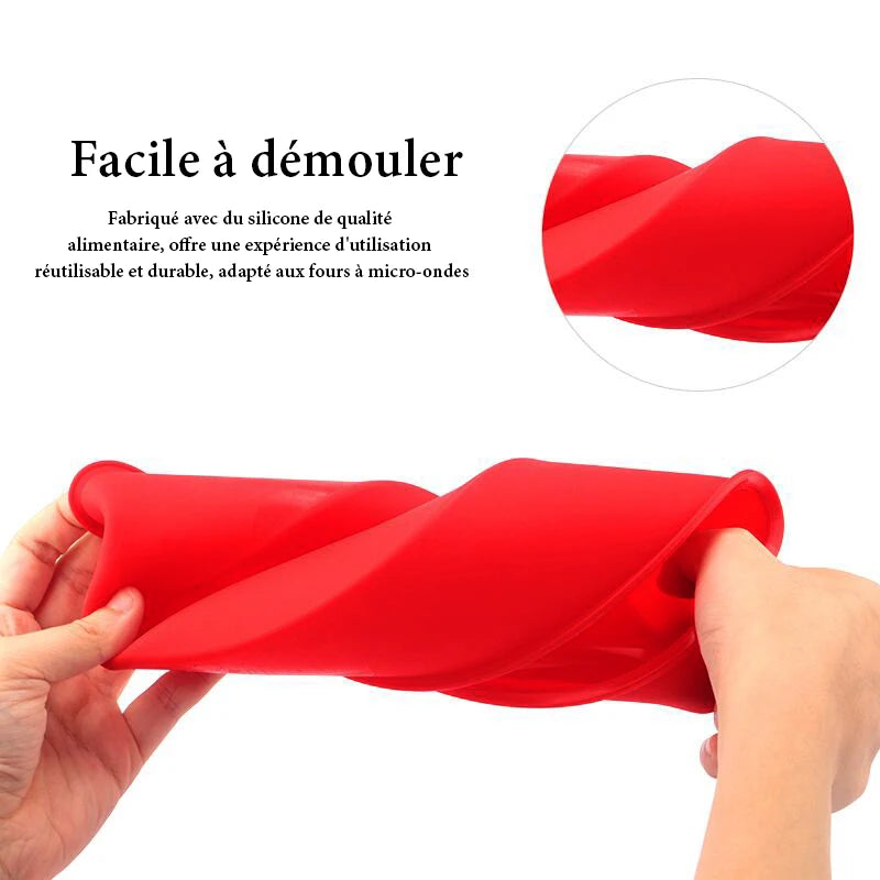 Un moule en silicone rouge flexible, tordu pour demontrer sa durabilite et sa facilite de demoulage.