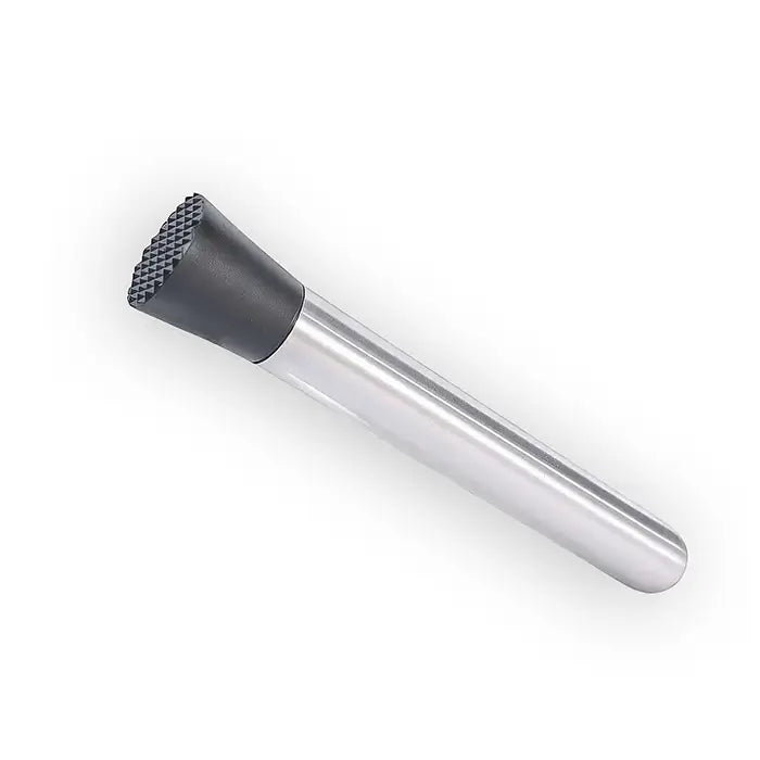 Pilon de bar en acier inoxydable avec tête texturée noire, idéal pour écraser des ingrédients dans des cocktails
