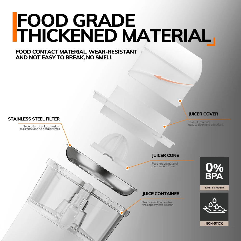 Illustration des composants d'un presse-agrumes, avec des matériaux de qualité alimentaire, filtre en acier inoxydable, récipient transparent, et mention "0 % BPA".