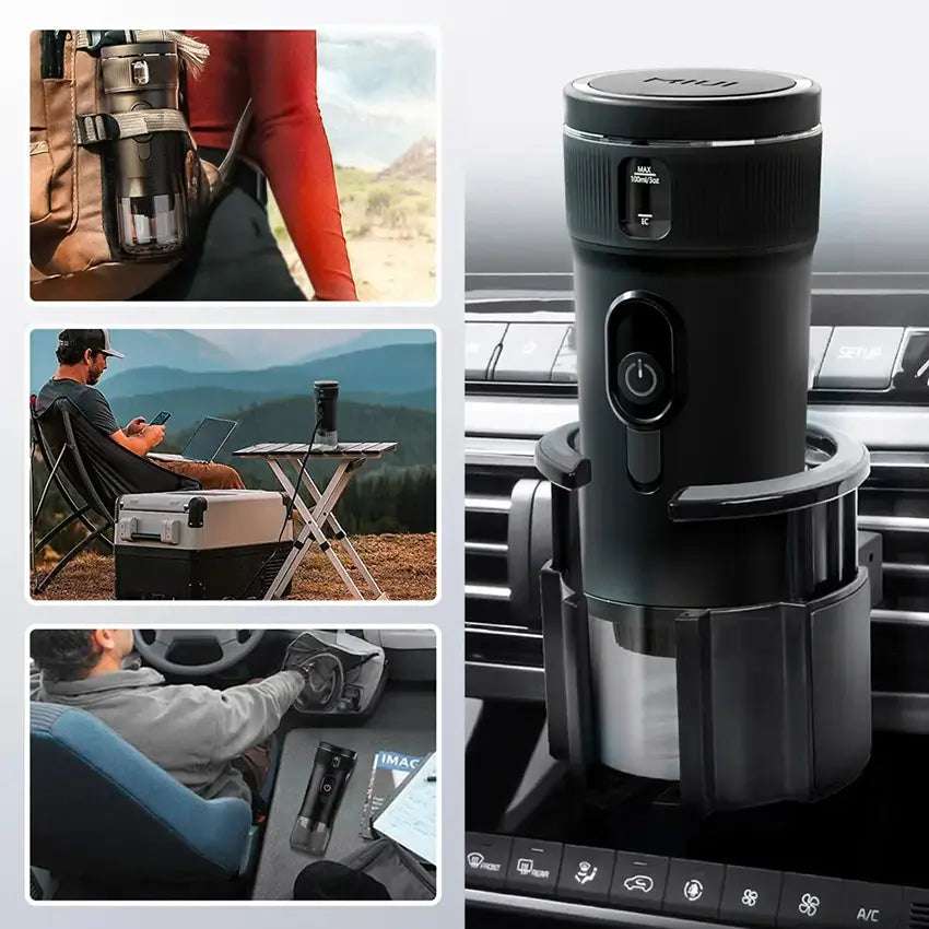 Un récipient noir montré en usage dans une voiture, attaché à un sac à dos, et posé sur une table de camping à l'extérieur.