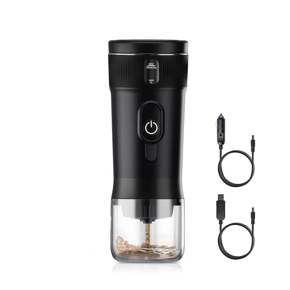 machine à expresso portable avec une base transparente montrant des grains broyés, accompagné de câbles pour allume-cigare et USB.