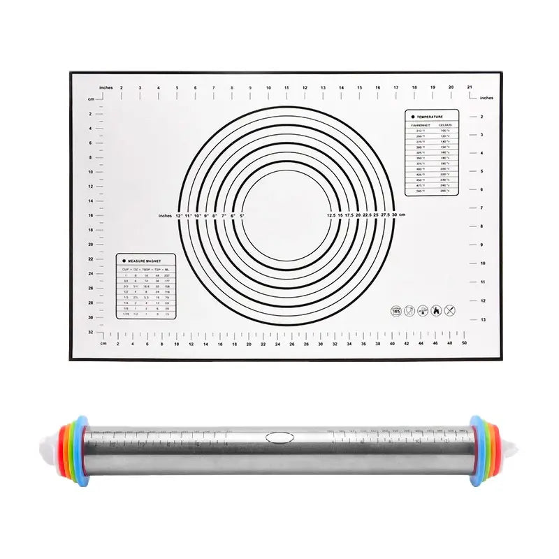 Un rouleau à pâtisserie réglable en métal accompagné d'un tapis de pâtisserie noir et blanc avec des cercles concentriques et des unités de mesure.